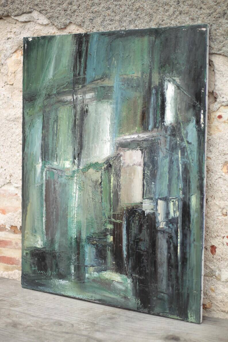 Oil on canvas signed Monique Humbert, abstract composition, wall painting, interior decoration.