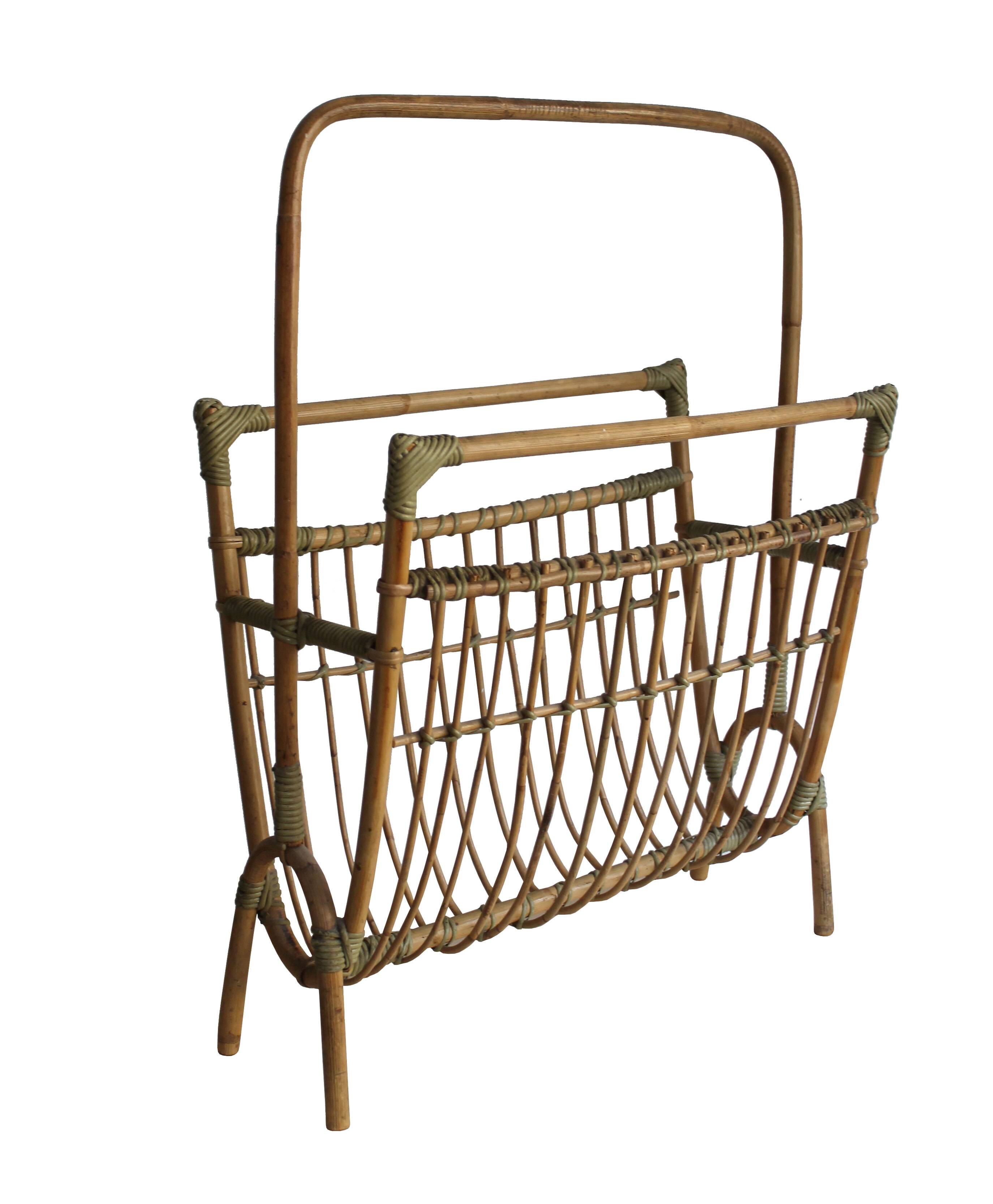 1960s Czechoslovak Rattan Magazine Rack with Tall Handle