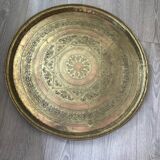 Moroccan coffee table in engraved brass and carved wood