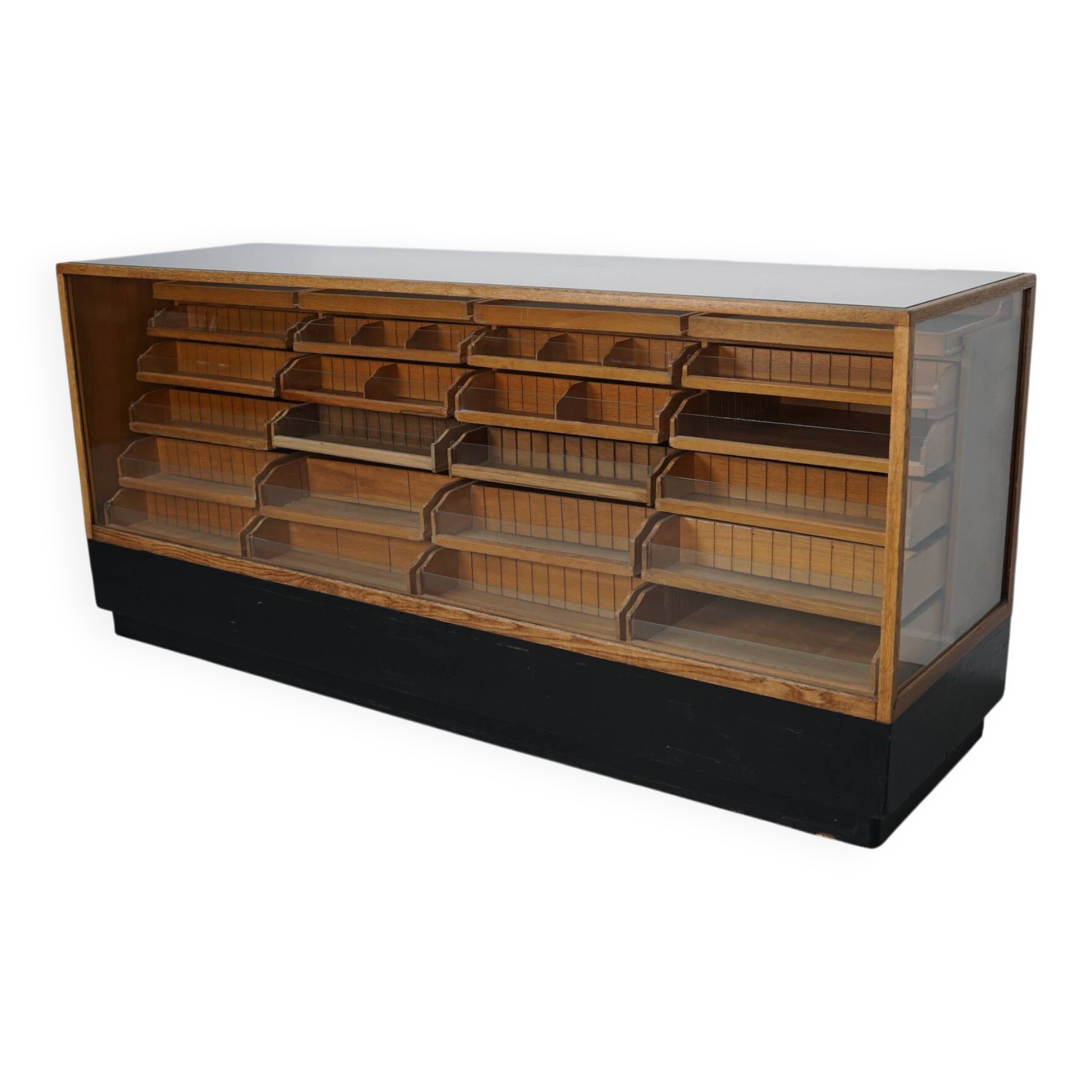 Vintage German Oak Glass Shop Counter Haberdashery Cabinet Vitrine, ca 1950