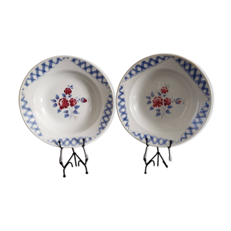 Set of 2 soup plates, Henri model, blue and red flowers Lunéville