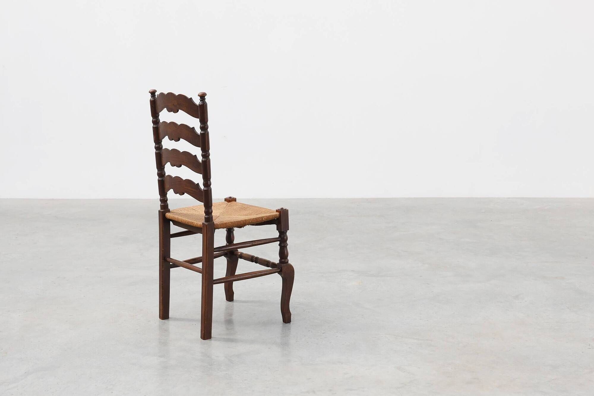Rustic Oak Ladder-Back Chair with Rush Seat and Cabriole Front Legs, France