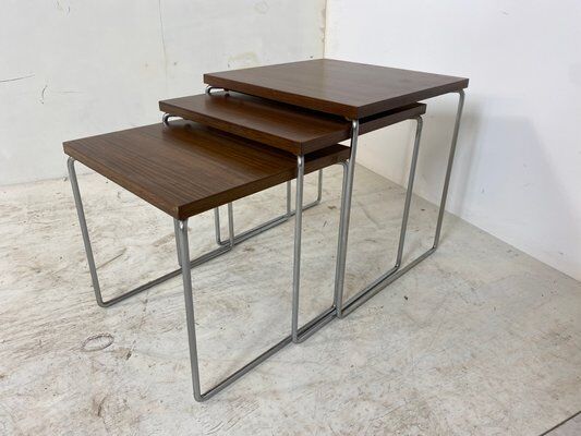 Set of 3 side tables trundle in teak and steel 1960s