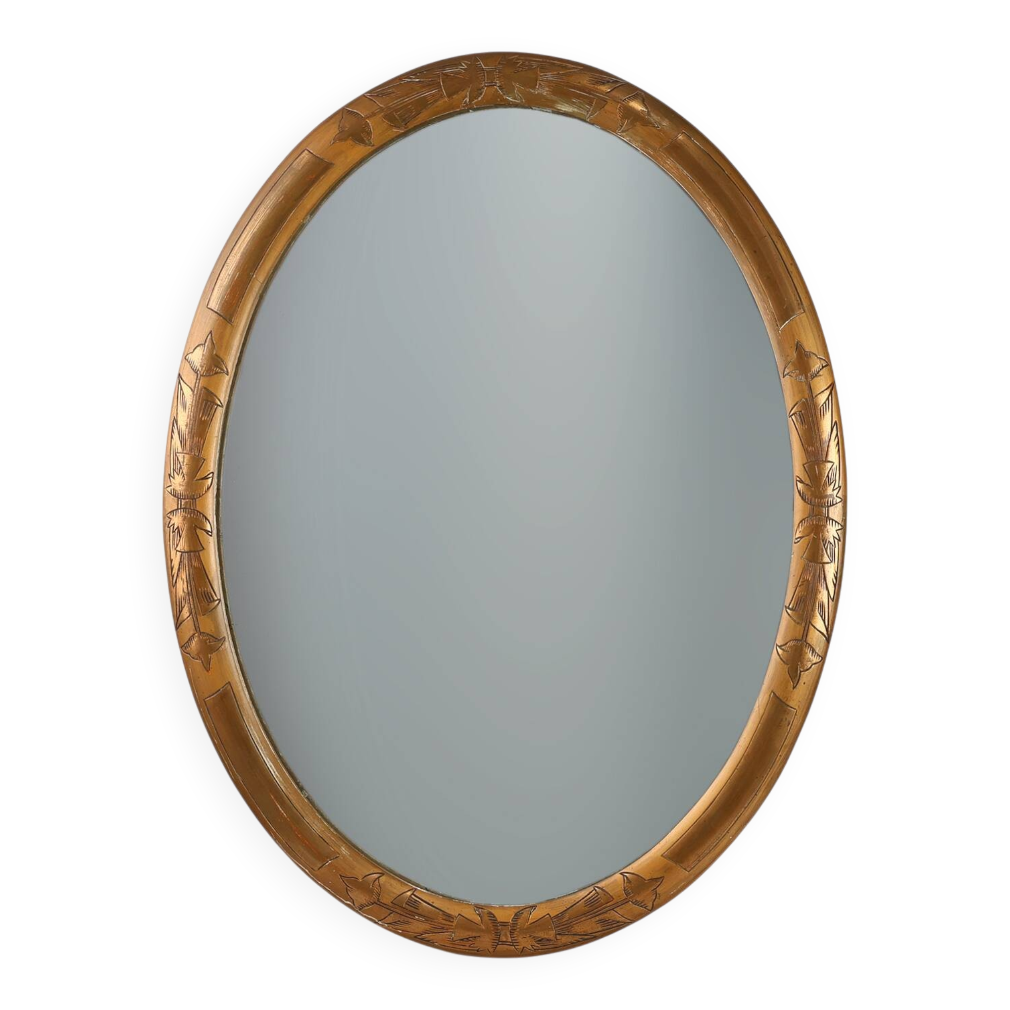 French Art Deco Oval gilded Mirror in Carved Wood, ca. 1920