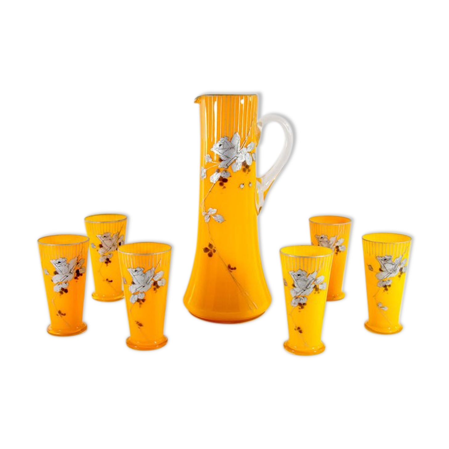 Art Nouveau lemonade service pitcher and 6 hand-painted glasses in bohemian glass early 20th century