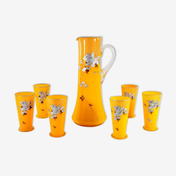 Art Nouveau lemonade service pitcher and 6 hand-painted glasses in bohemian glass early 20th century