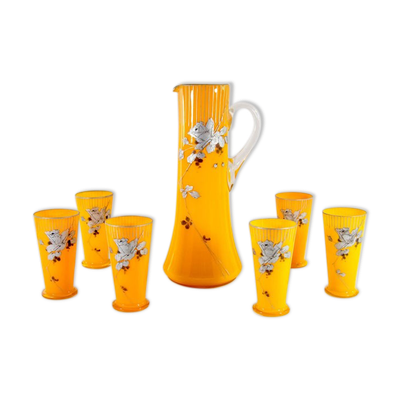 Service à limonade art nouveau pichet et 6 verres peints à la main en verre de Bohême début du 20ème siècle