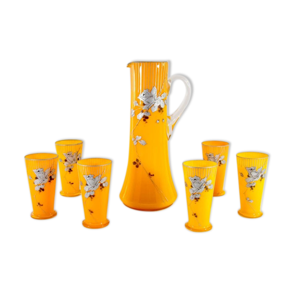 Service à limonade art nouveau pichet et 6 verres peints à la main en verre de Bohême début du 20ème siècle