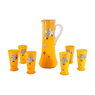 Art Nouveau lemonade service pitcher and 6 hand-painted glasses in bohemian glass early 20th century