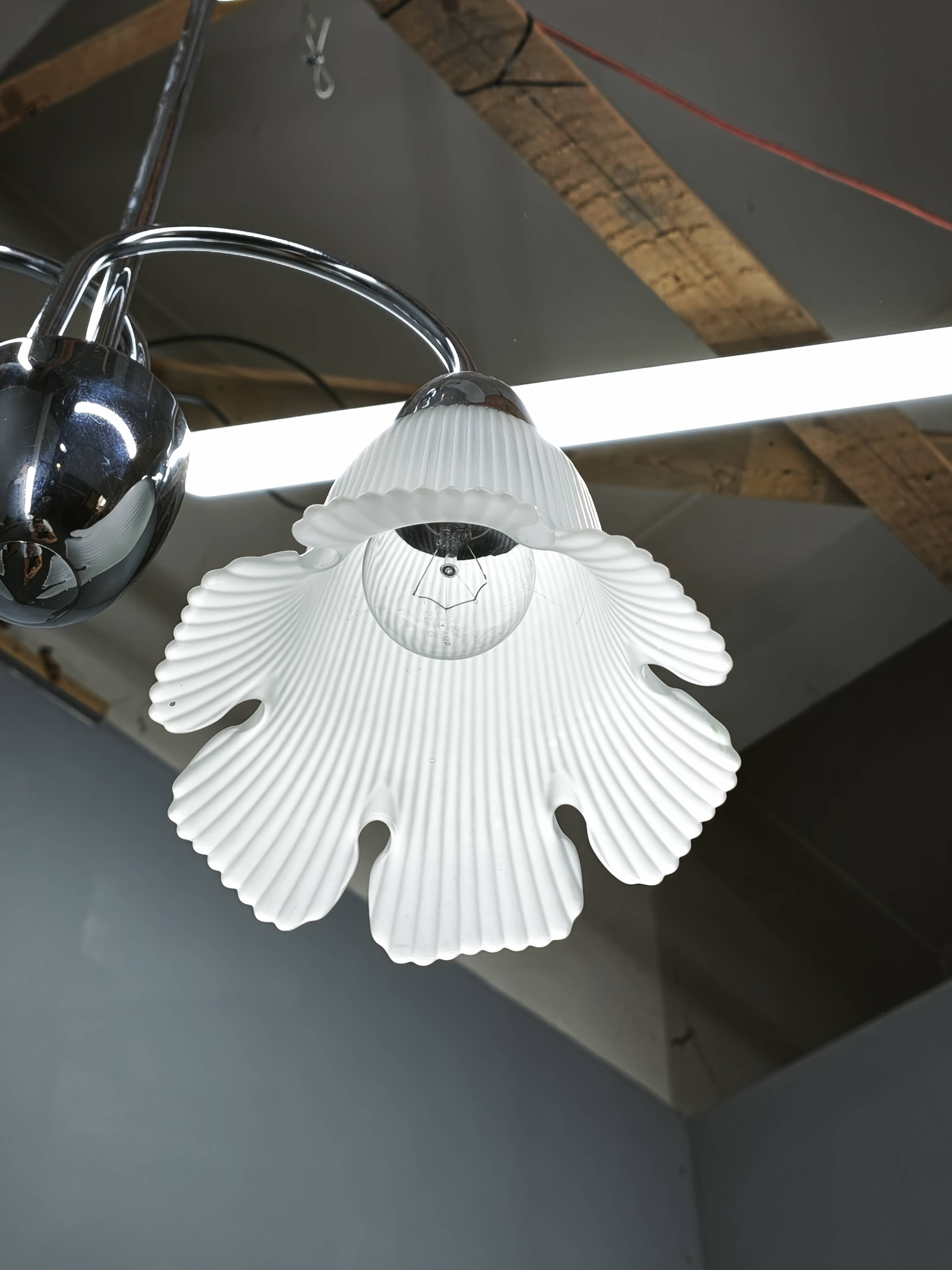 1950s Chrome and Floral Glass Chandelier by Elektroinstala Děčín
