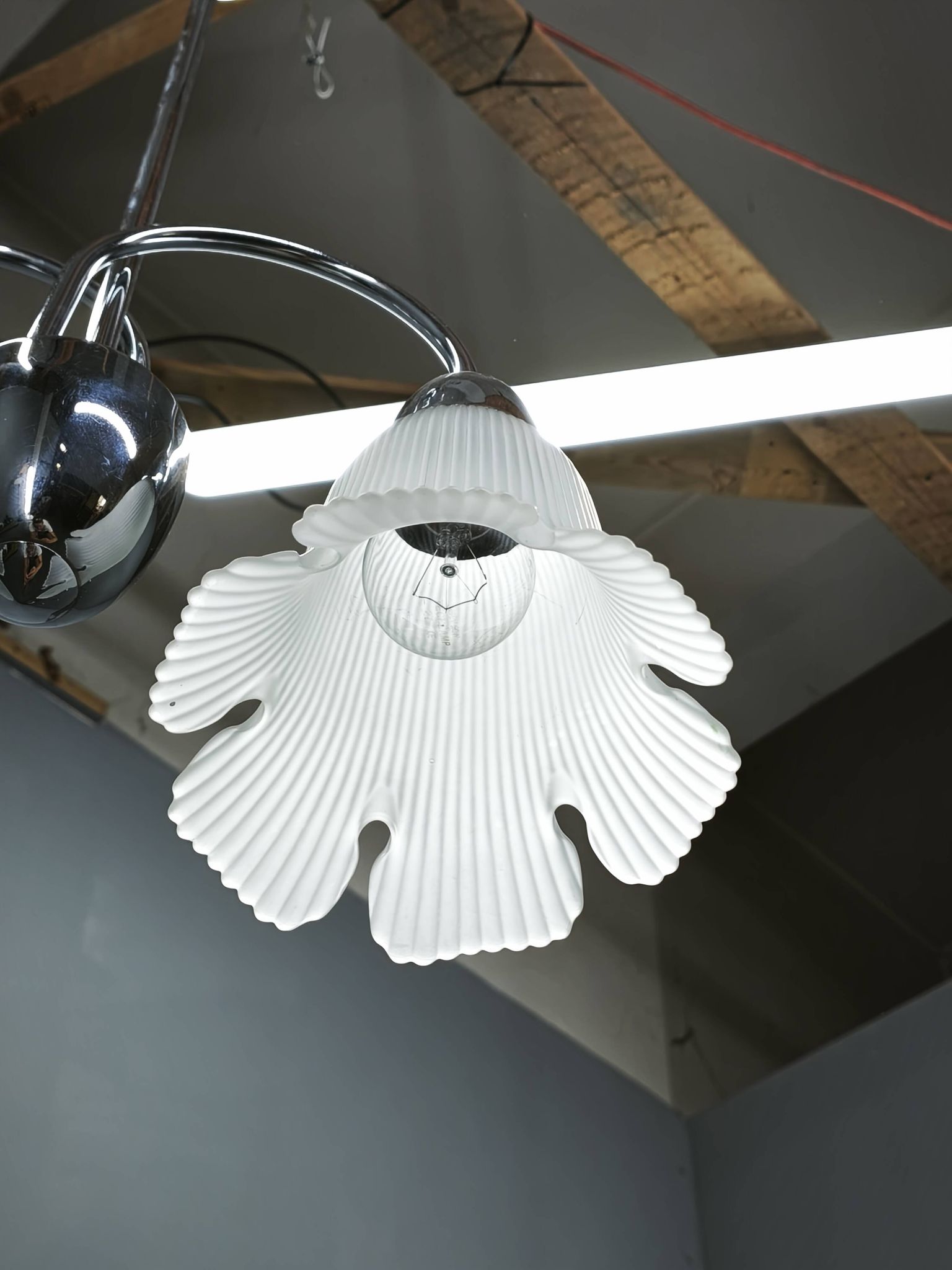 1950s Chrome and Floral Glass Chandelier by Elektroinstala Děčín