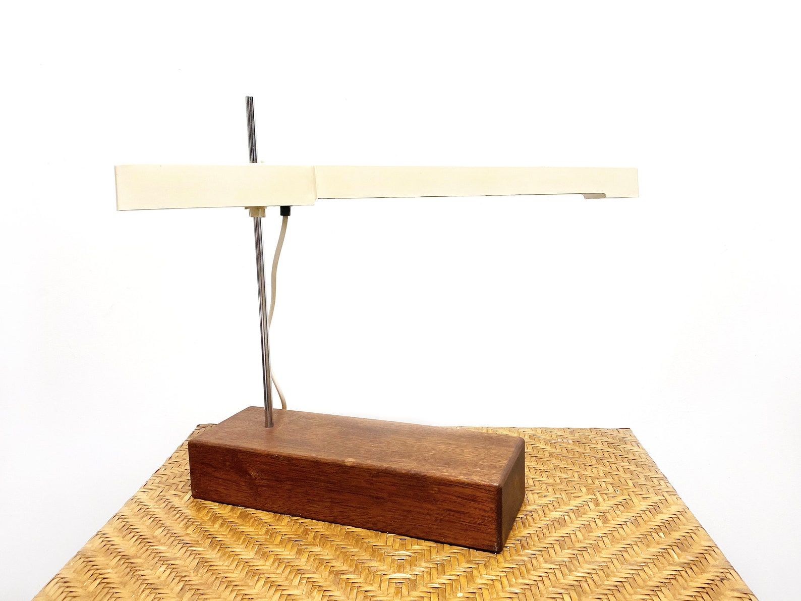 Unique XL Vintage Fluorescent Desk Lamp, Solid wooden base, Mid Century Table Lamp