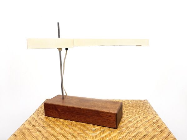lampe de bureau fluorescente vintage XL unique base en bois massif, lampe de table mid century
