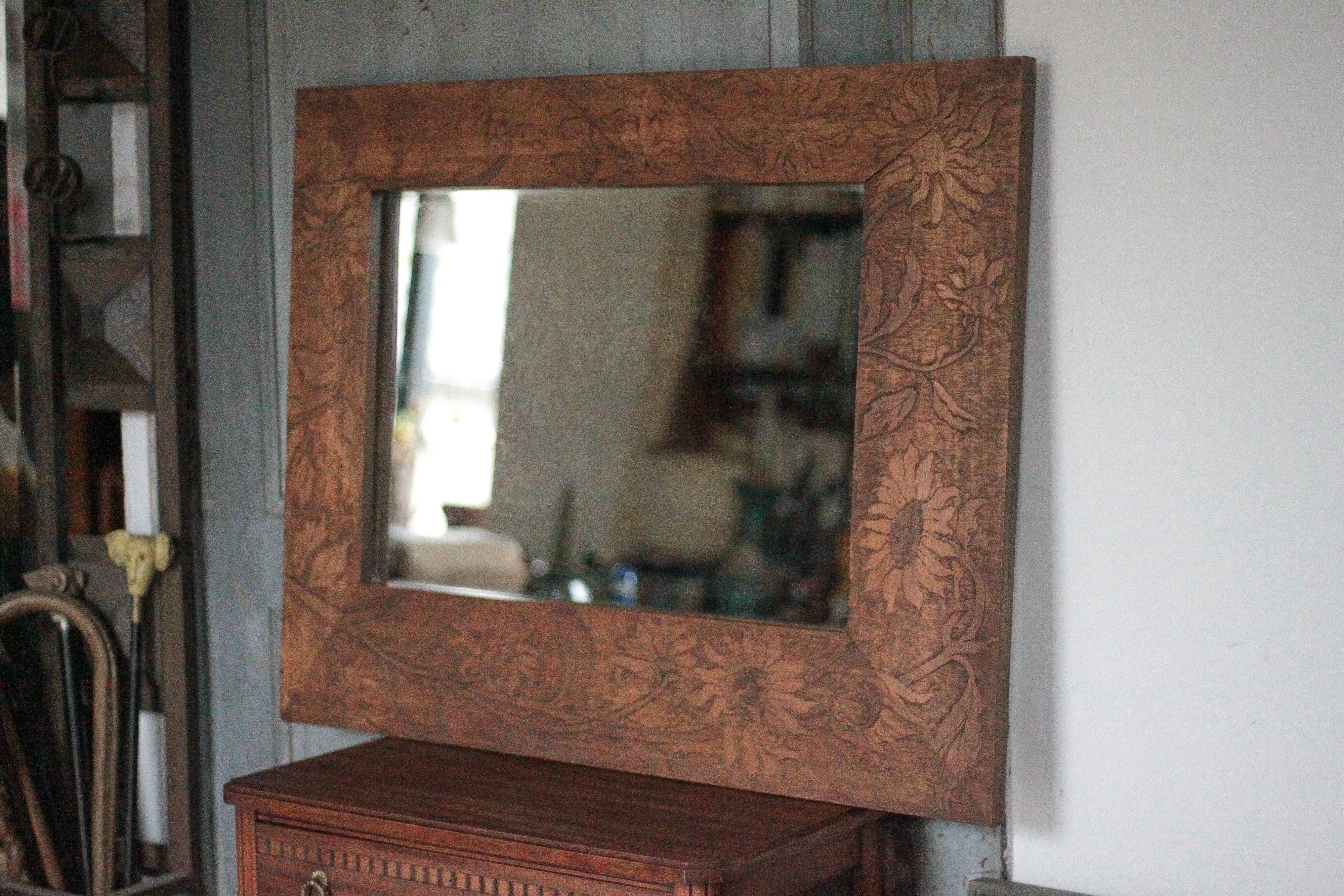 Large wooden mirror with floral pattern, wall mirror, wall glass.