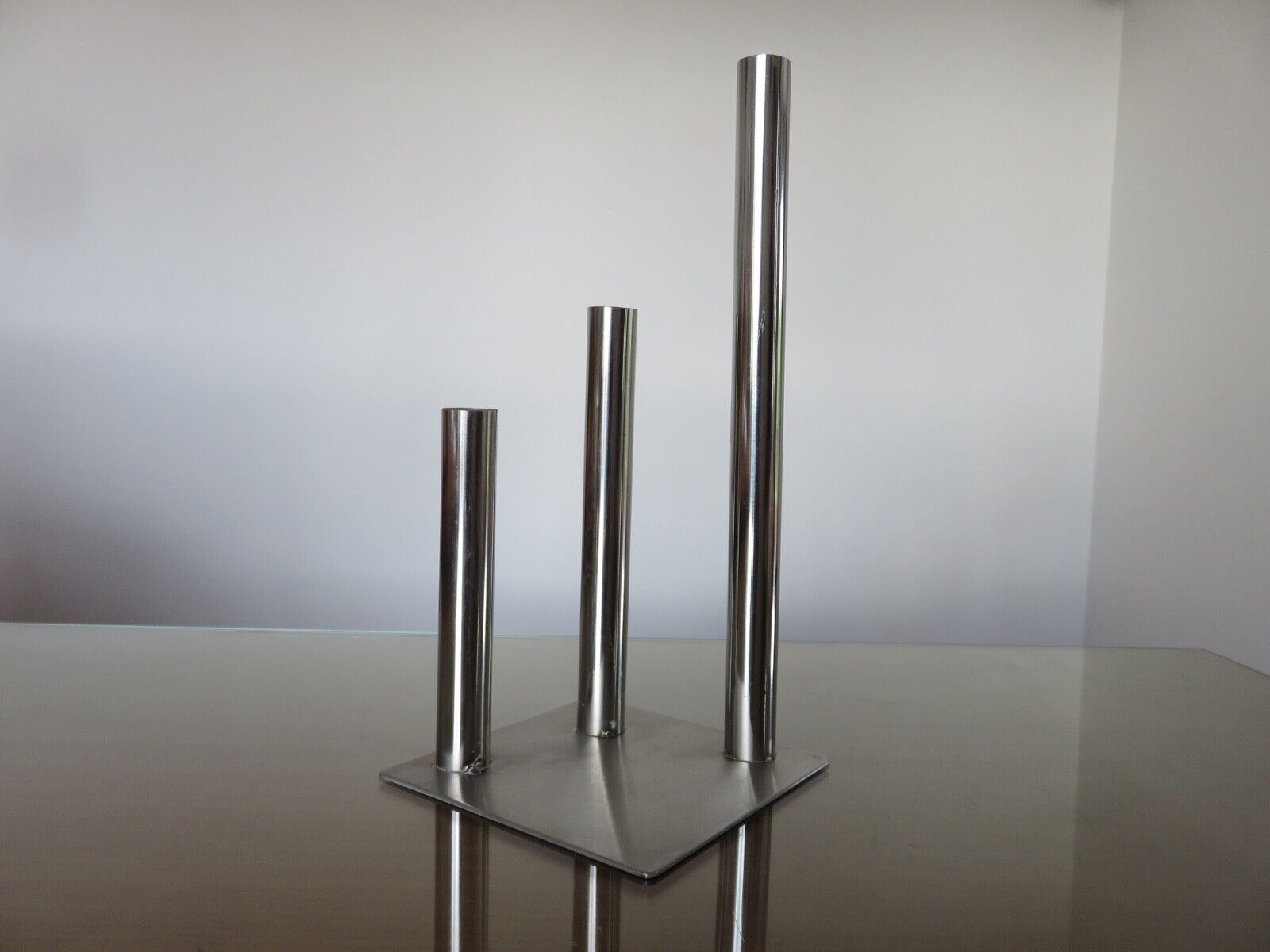 Triple candle holder, modernist, minimalist stainless steel 1970