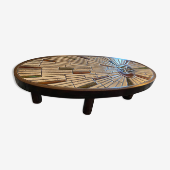 Table basse vintage bois et mozaique années 70