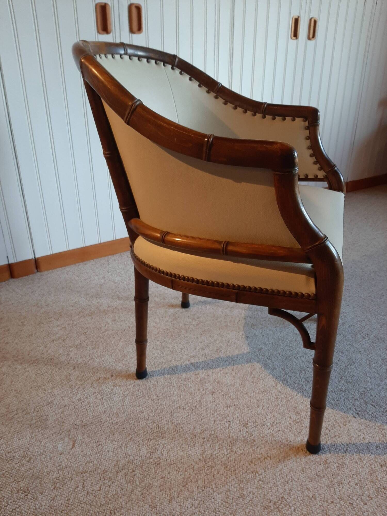 Set of 2 bergere style armchairs - bamboo and white imitation leather - vintage