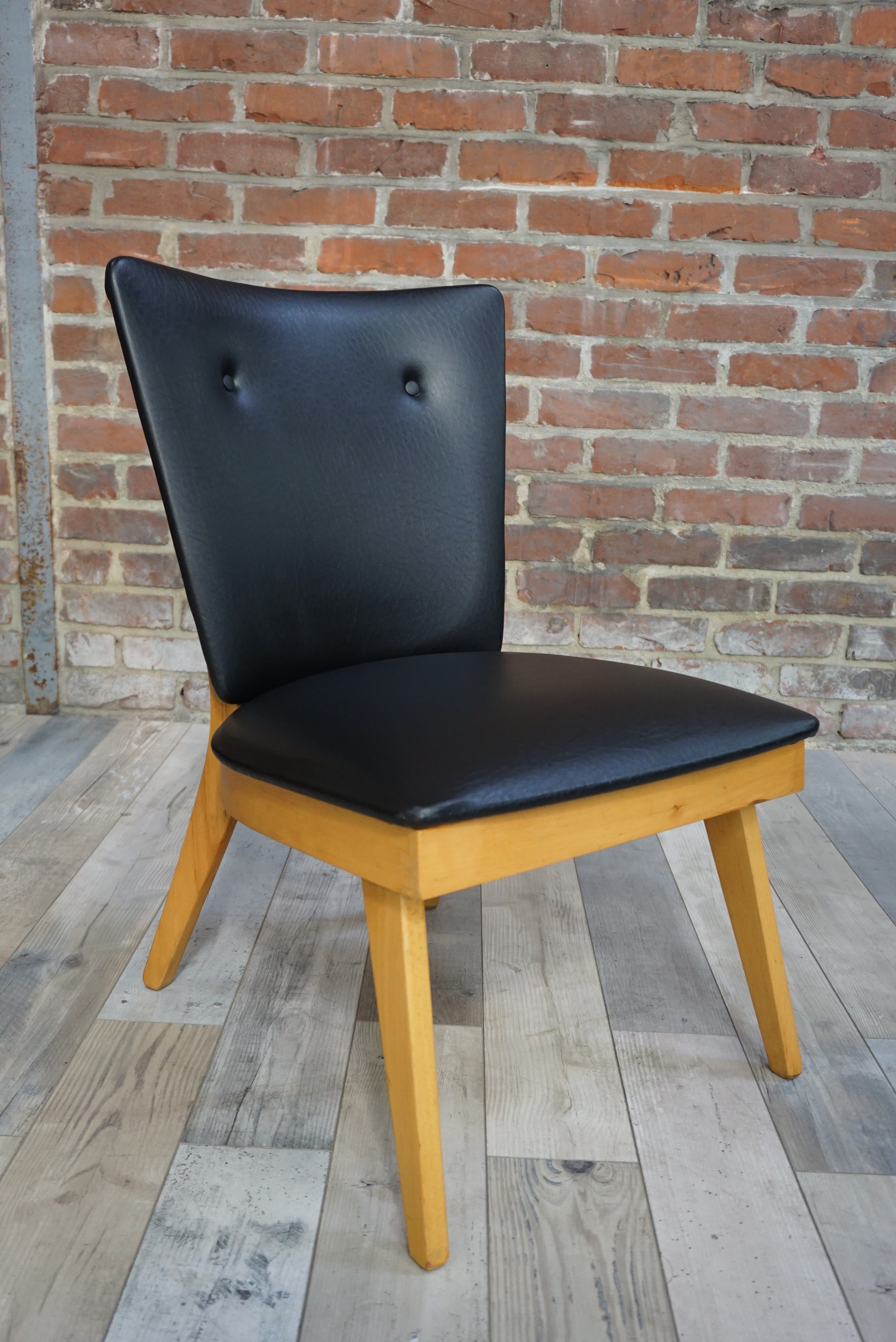 Chair 50 years in wood and faux black leather cocktail