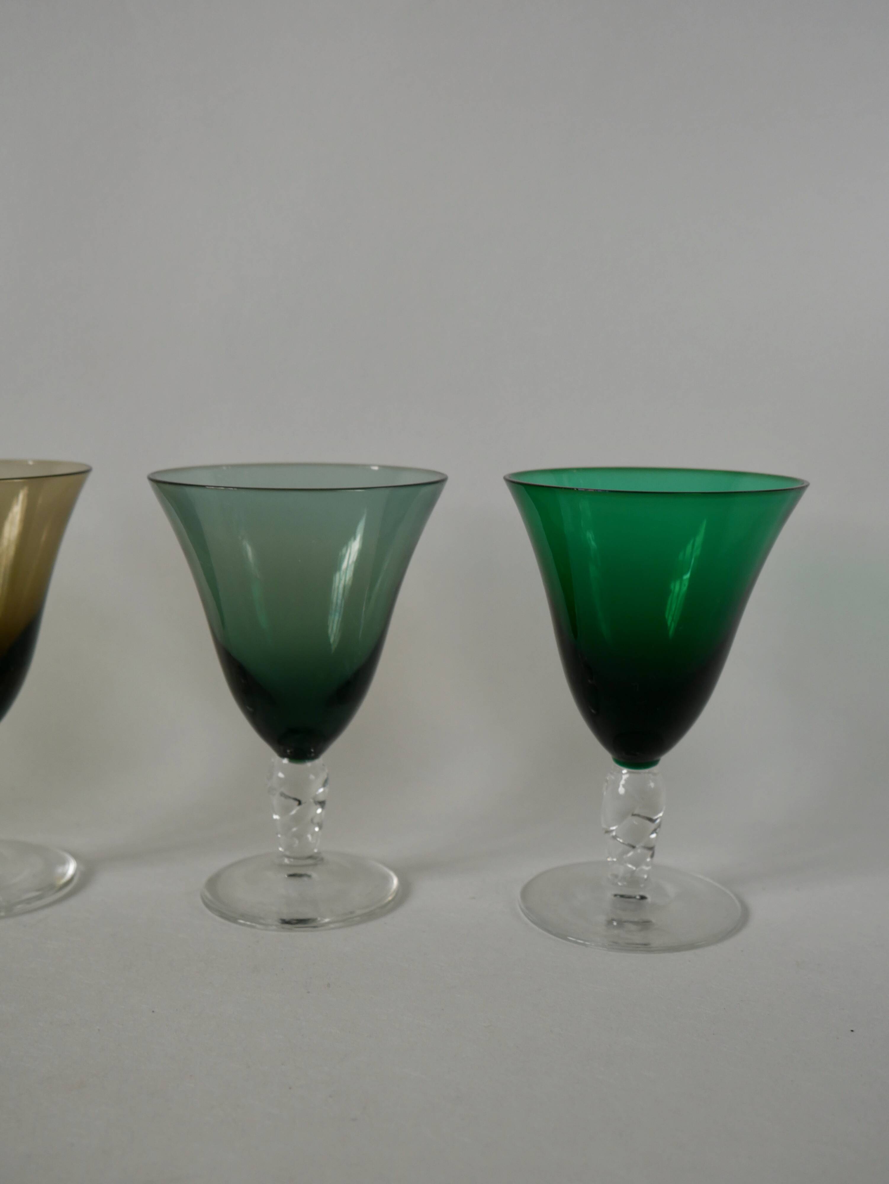 Set of 4 colored wine glasses with worked legs from the 50s