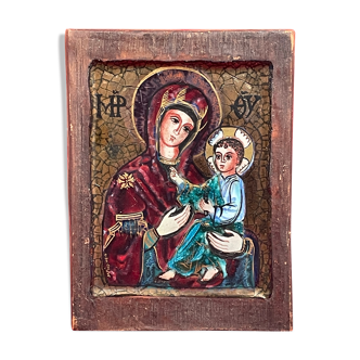 Terracotta icon virgin to the child signed M. Folscheid