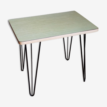 Side table with metal pin legs, formica top, 1950s