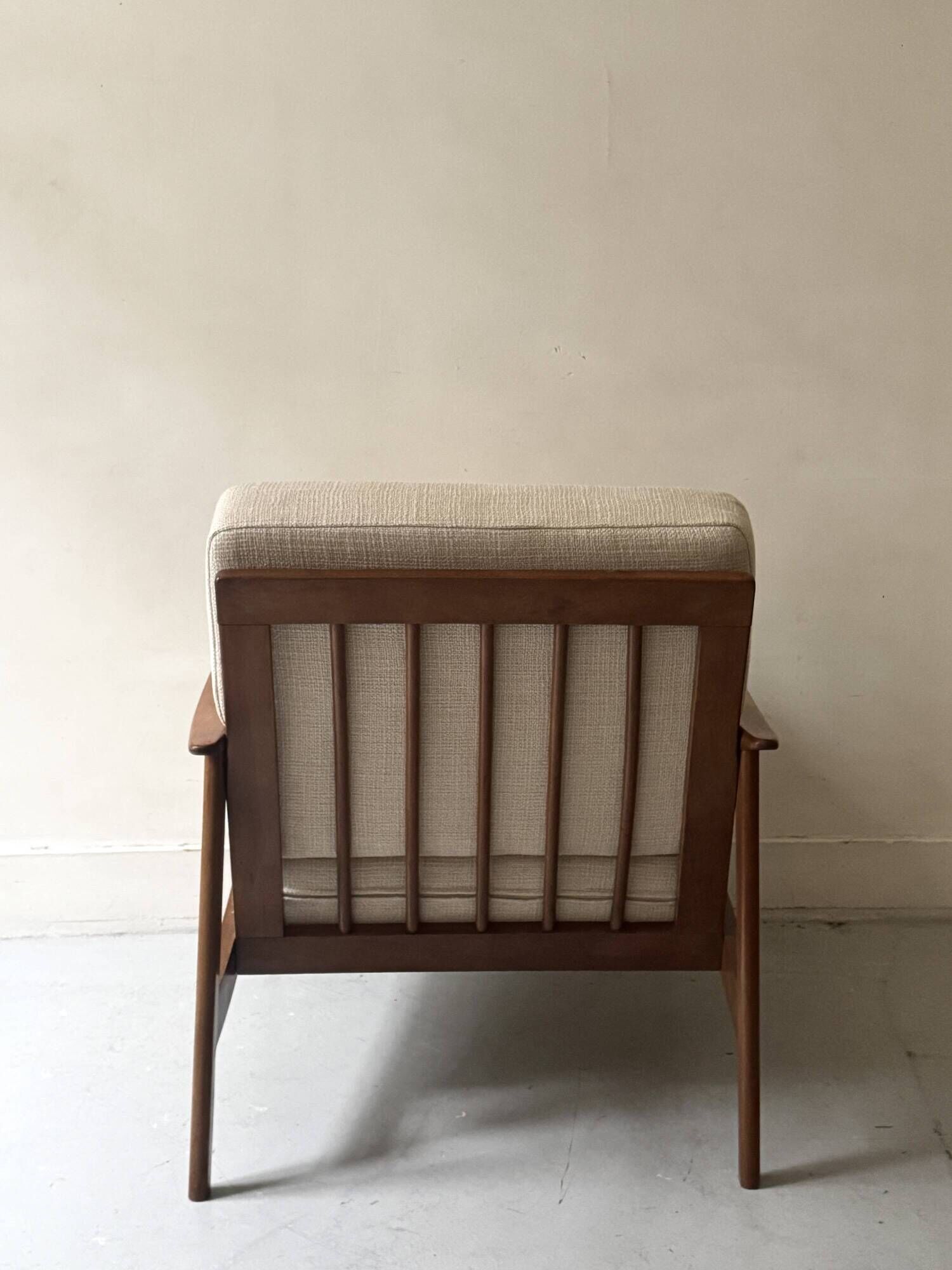 Scandinavian armchair in wood, Pierre Frey fabric, refurbished, Denmark 1950.