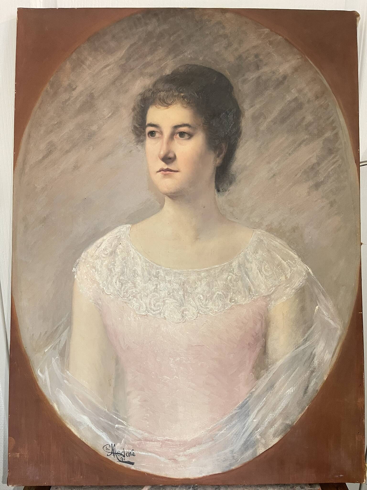 Tableau peinture huile toile portrait femme robe dentelle xixème 19ème merl