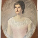 Tableau peinture huile toile portrait femme robe dentelle xixème 19ème merl