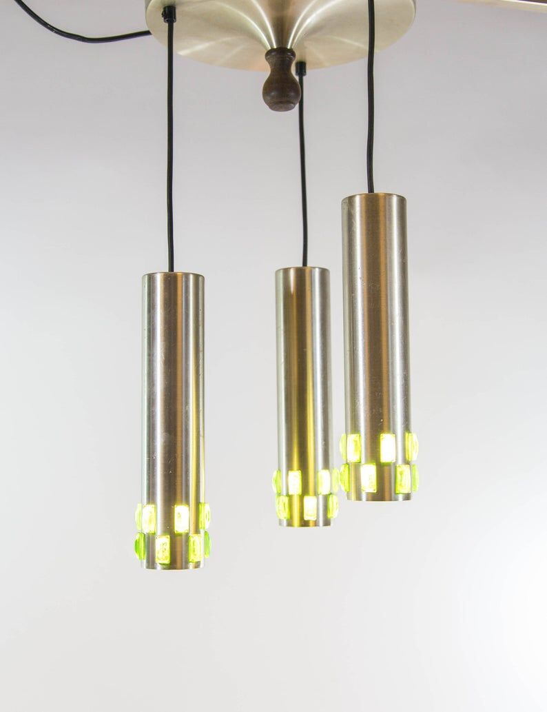 Ceiling lamp with 3 branches aluminum and glass 60s