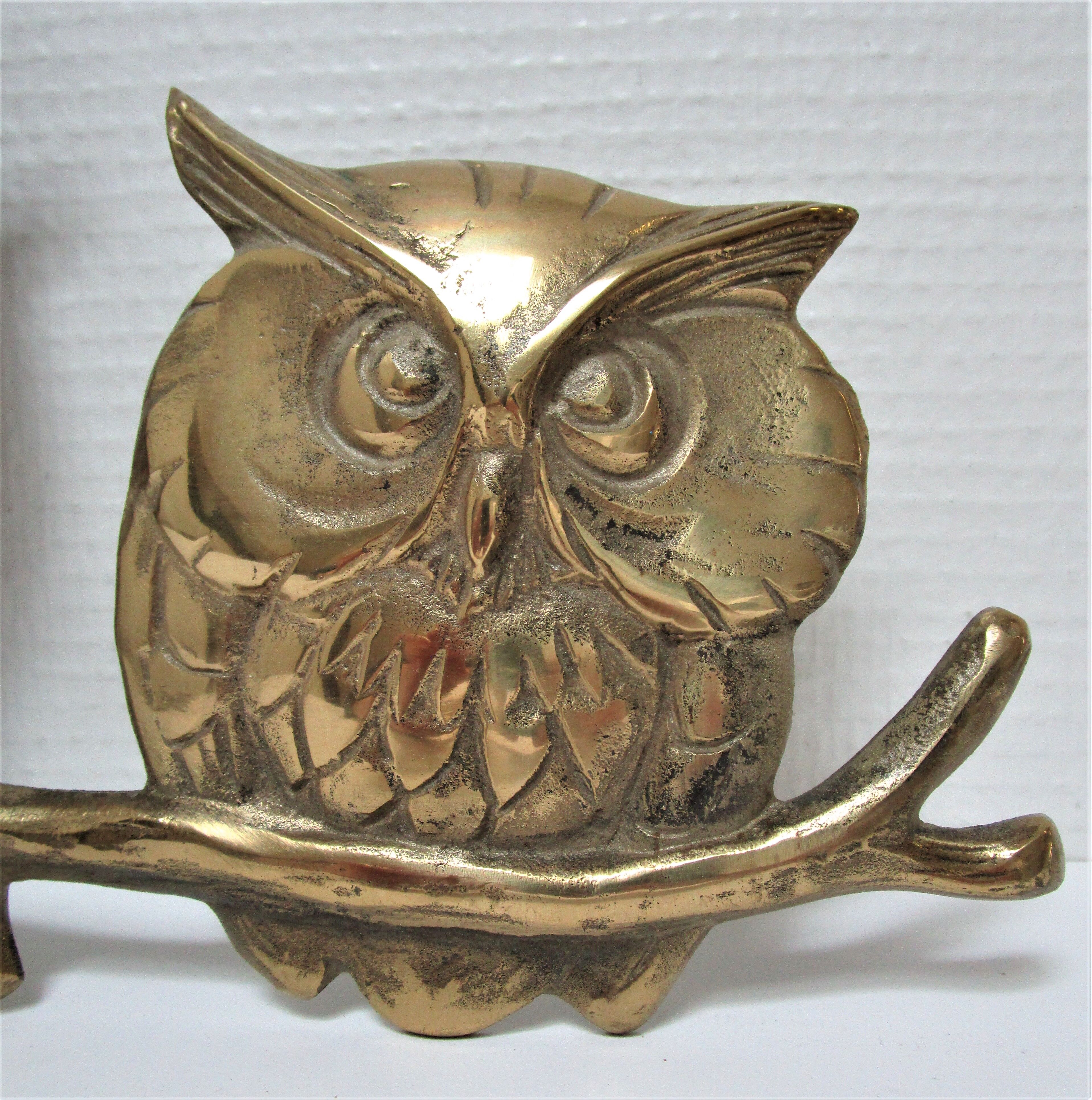Three owls on a massive brass branch vintage wall decoration