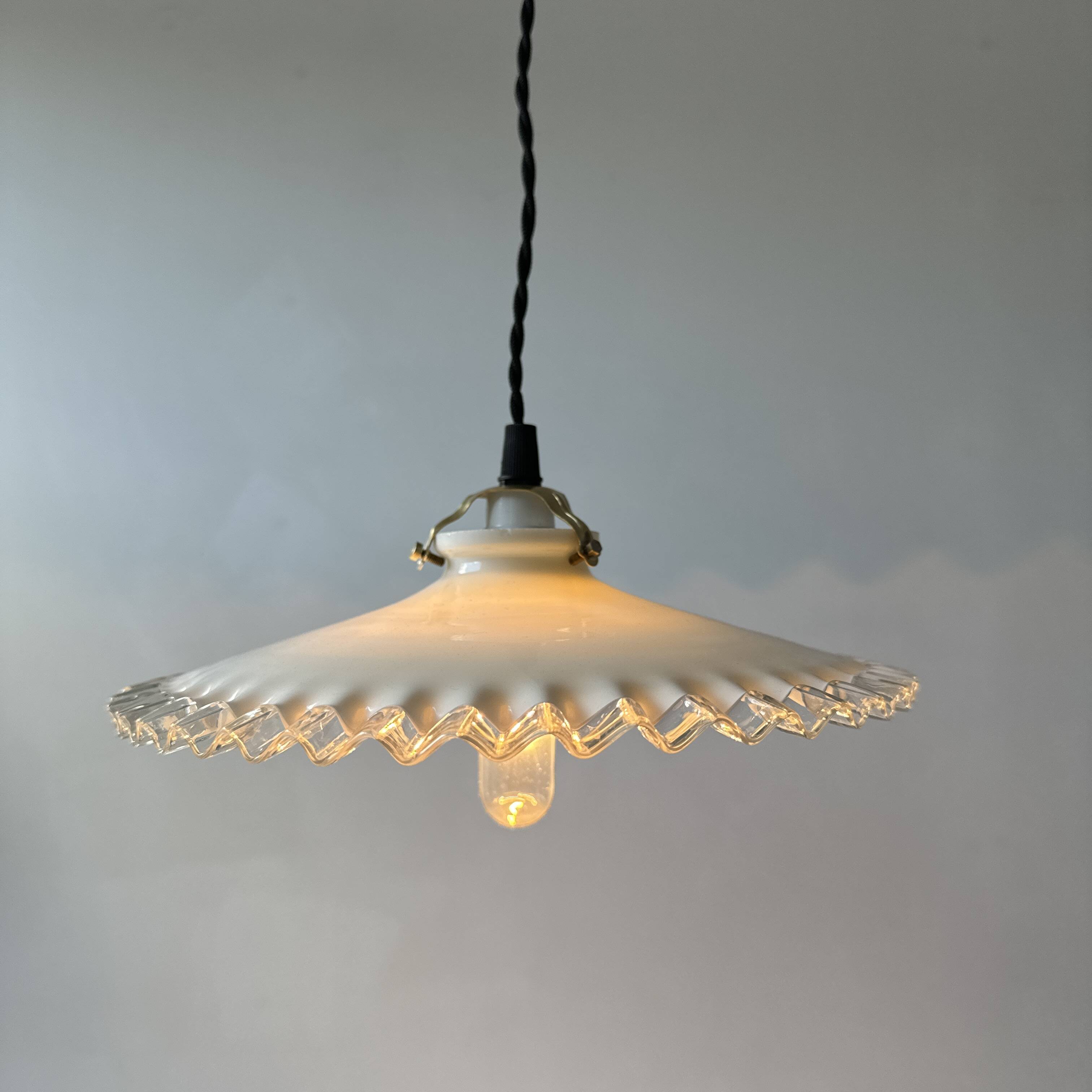 Vintage opaline glass pendant light with scalloped edges, 24 cm