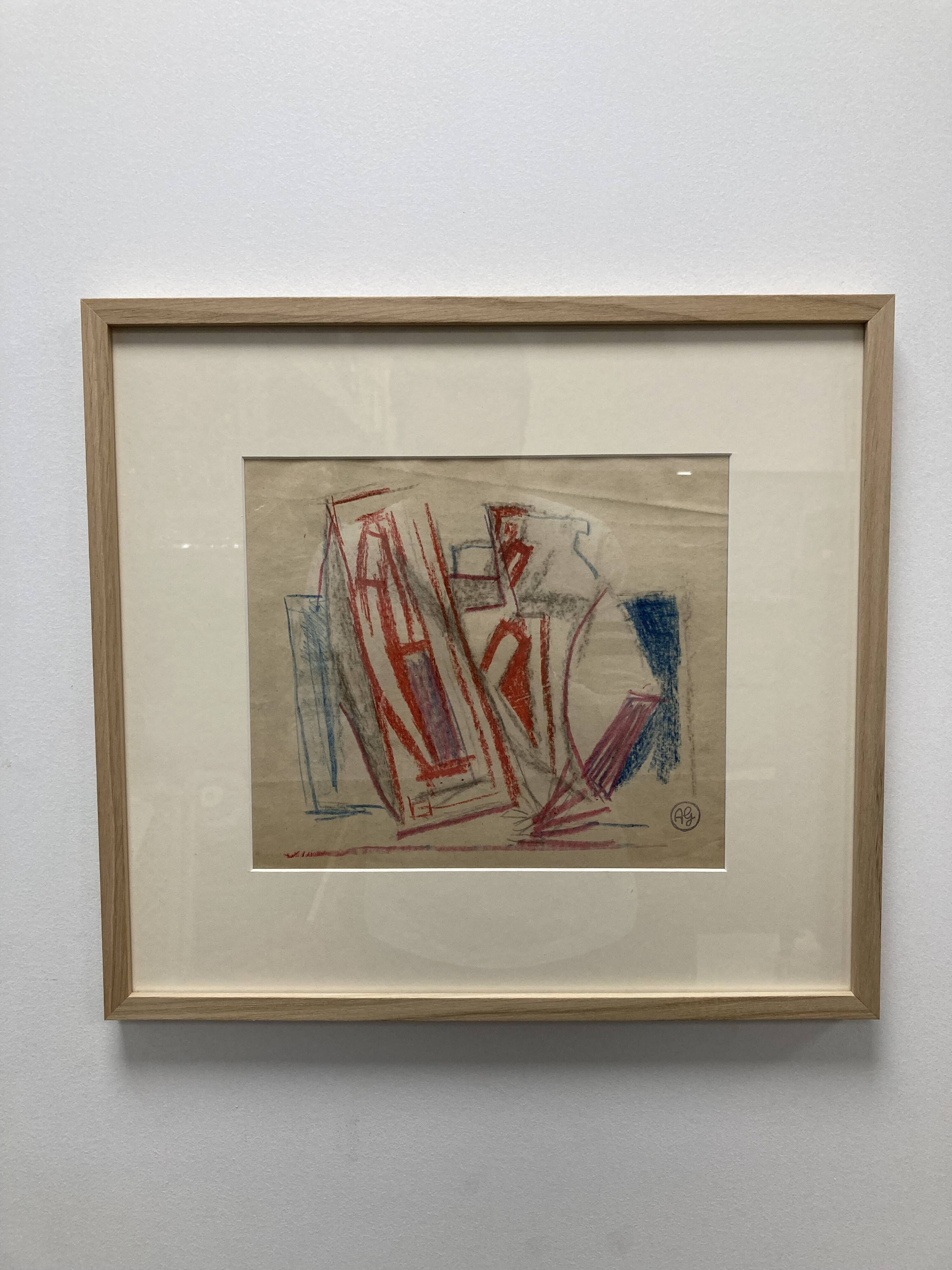 Alfred Gaspart (1900-1993), Cubist still life, pencil and oil pastel drawing framed