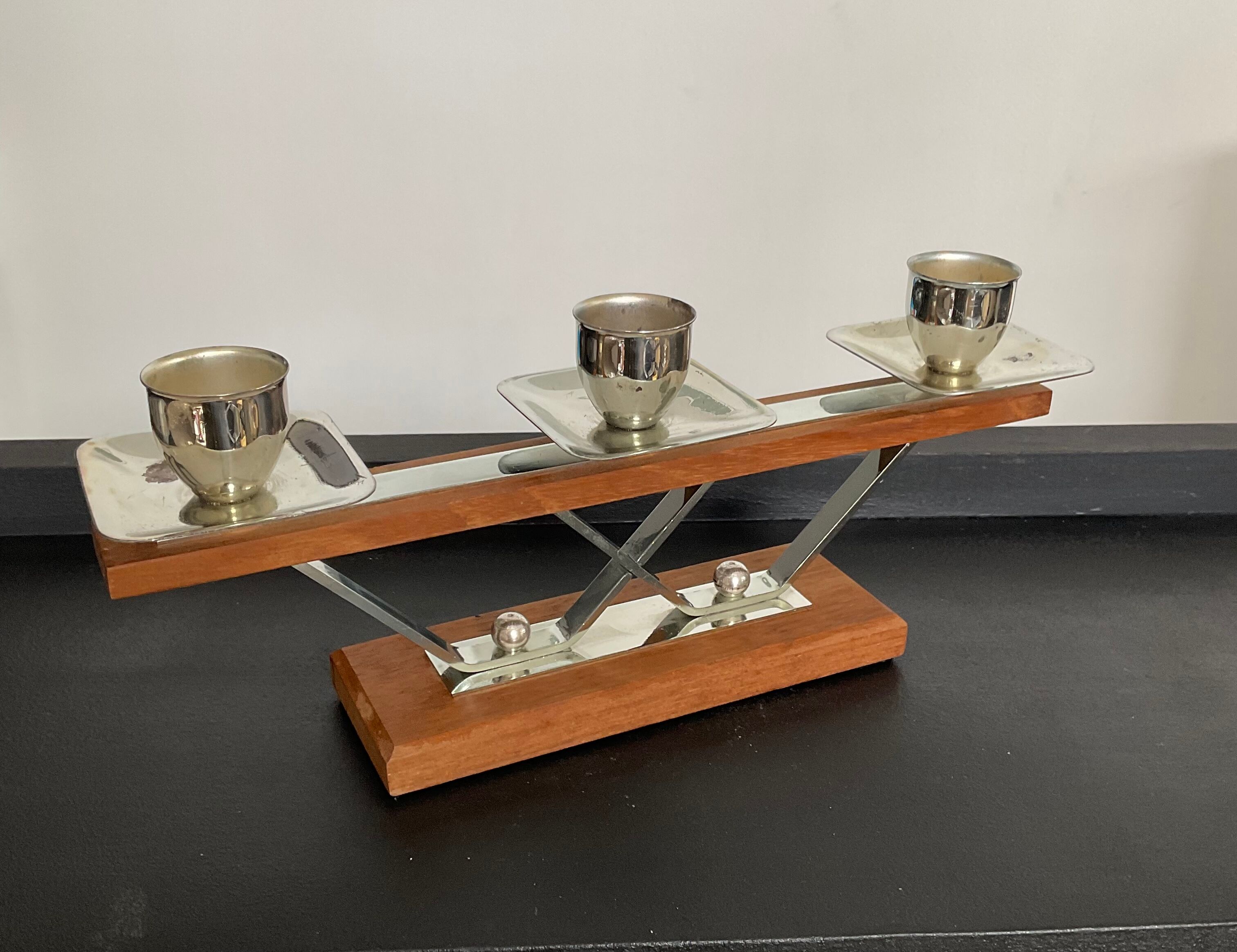 Scandinavian chandelier in teak and chrome metal 70s