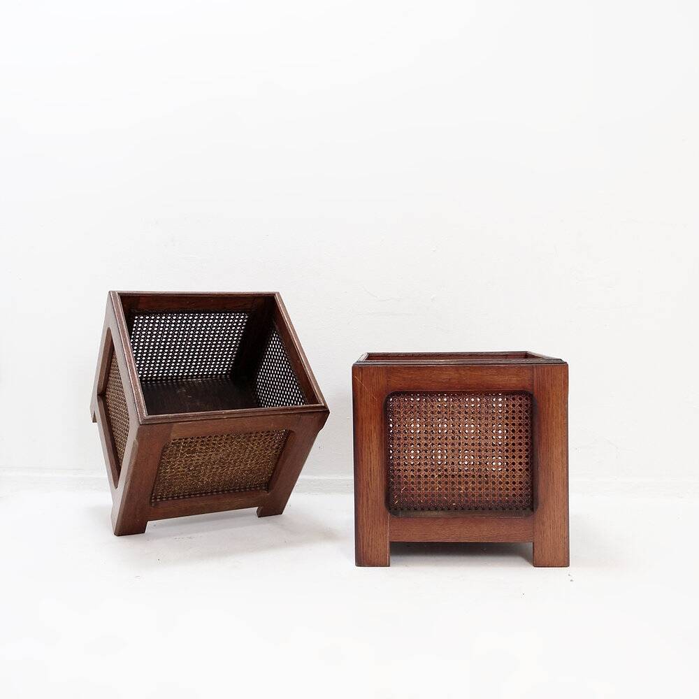 Pair of vintage wooden planters with woven rattan panels - 1970s