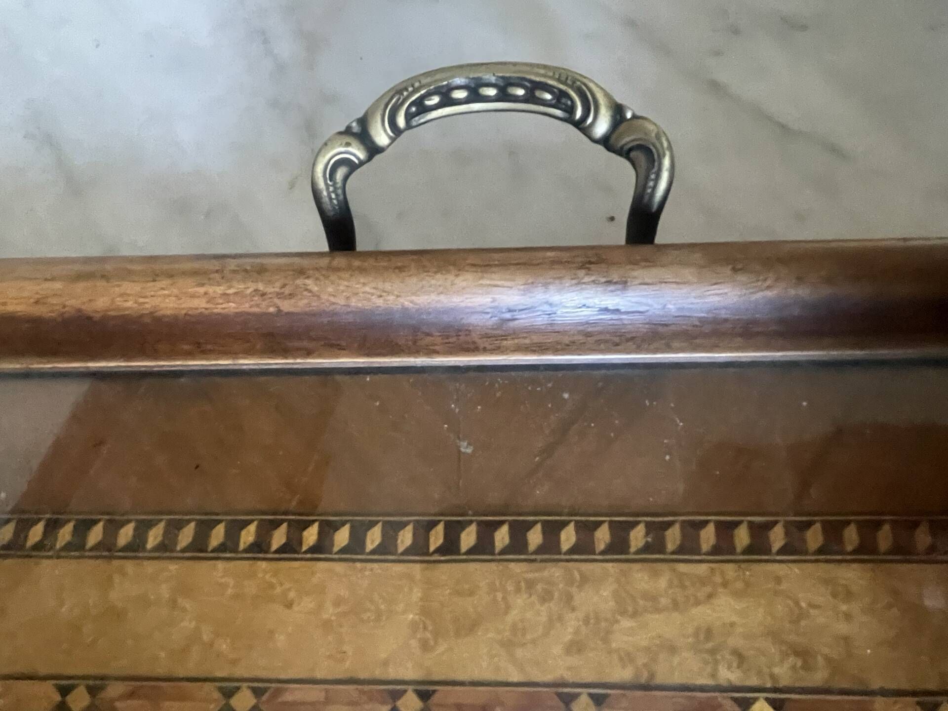 Large vintage tray, wood marquetry under glass