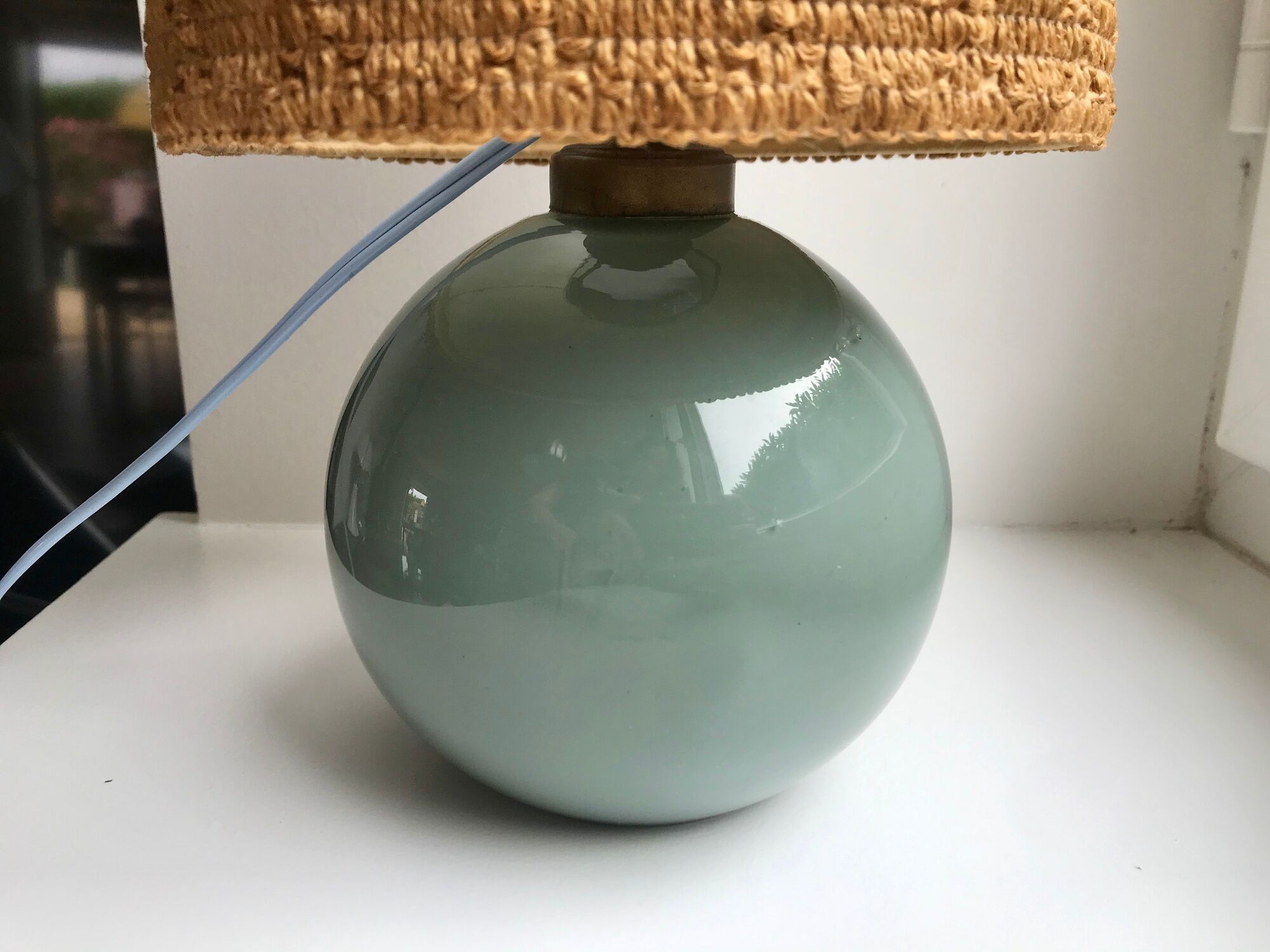 Table lamp with feet in water green opaline and woven lampshade 60s-70s