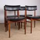 Set of 4 Danish chairs in teak, black skai and brass by Sax 1960.