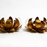 Pair of 70's gilded floral Regency wall or ceiling lamp with large leaves