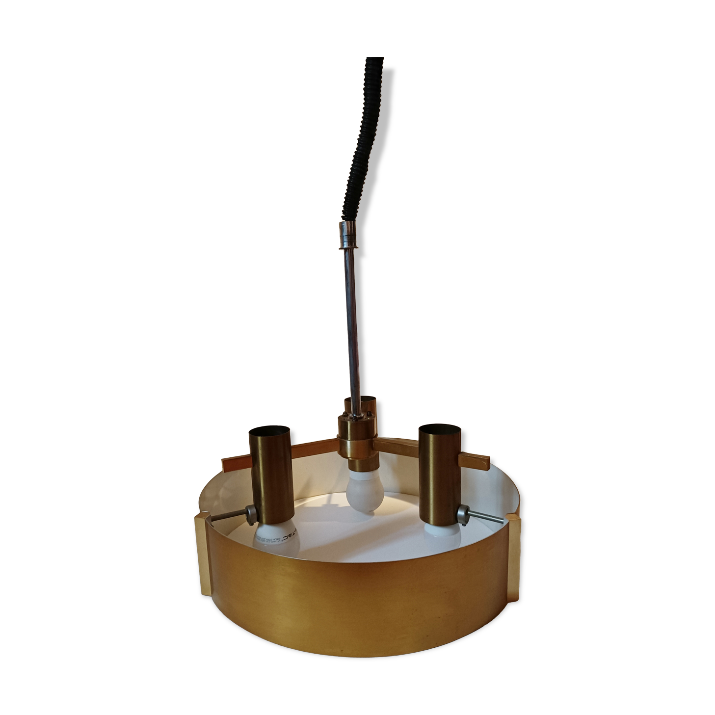 Italian 3-light suspension UFO brushed aluminium and golden brass 1970