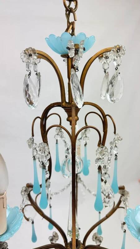 Small Italian chandelier in brass, blue opaline and tassels, 1950s