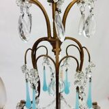Small Italian chandelier in brass, blue opaline and tassels, 1950s