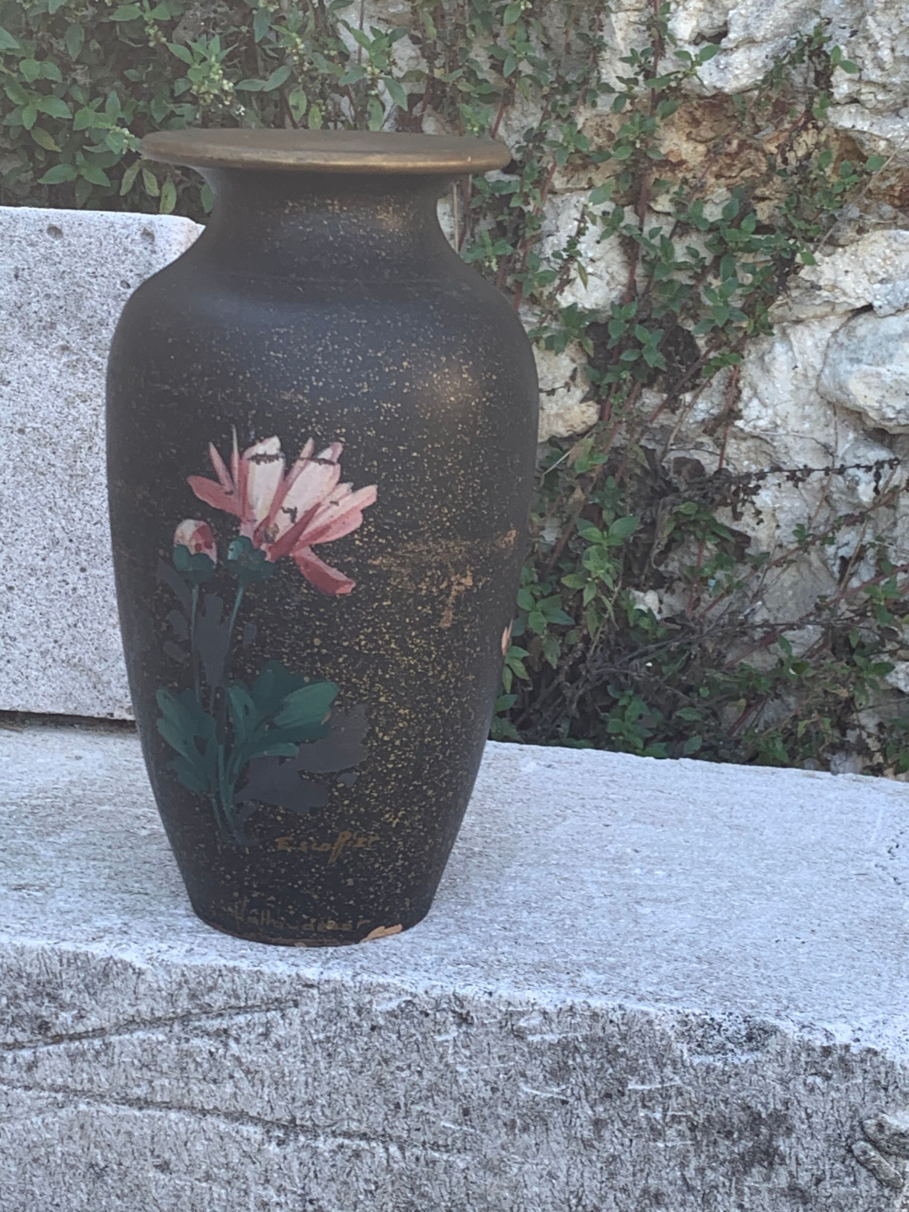 Ceramic vase bouquet of flowers painted and signed by Escoffier