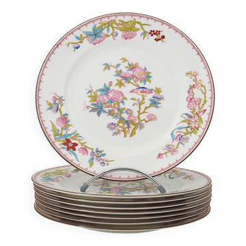 Minton Cuckoo, Coucou, 8 assiettes de table porcelaine peintes main, 26 cm.