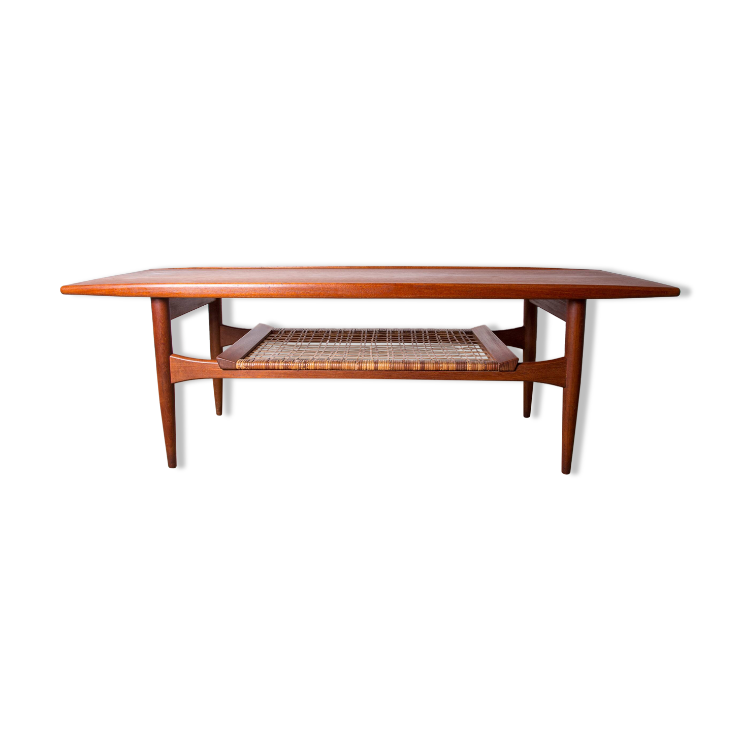Danish coffee table in teak and rattan by KT Mobler 1960