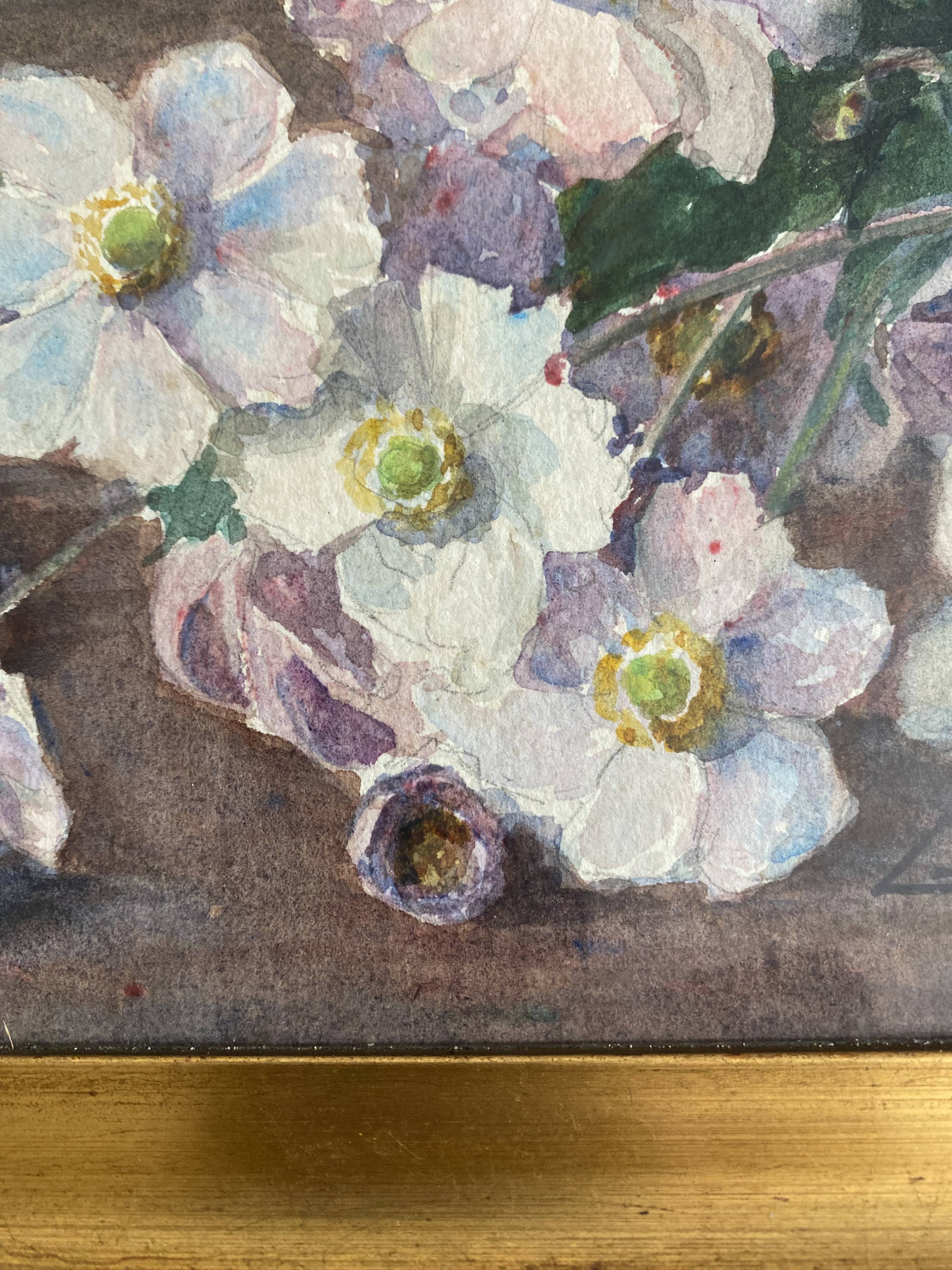 Aquarelle fleurs d'hellébores encadrée G. Mocquart