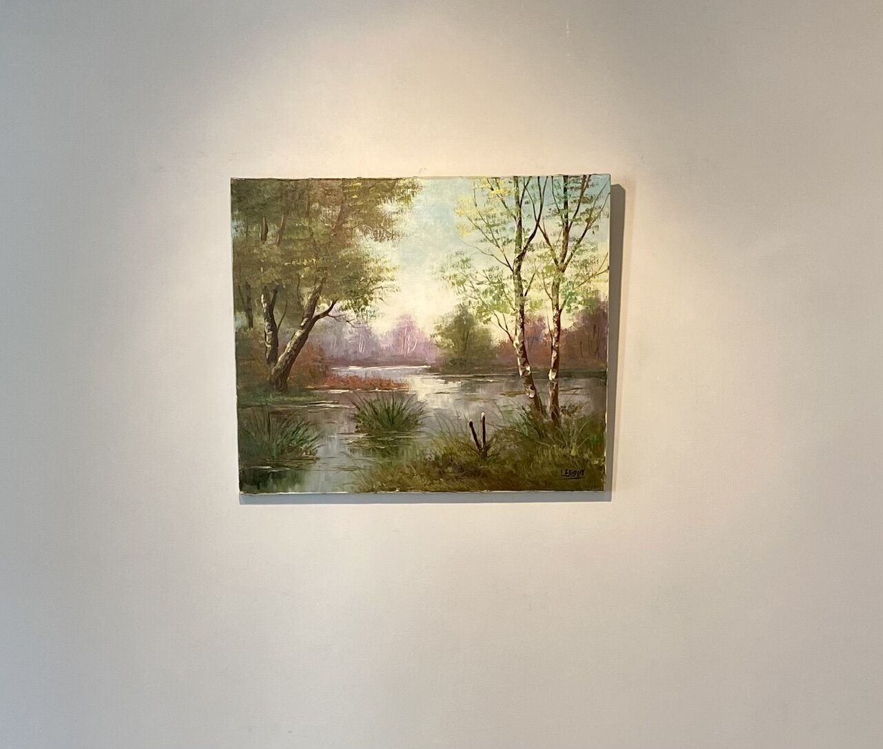Old painting, landscape at the pond, signed Leroux, XX century