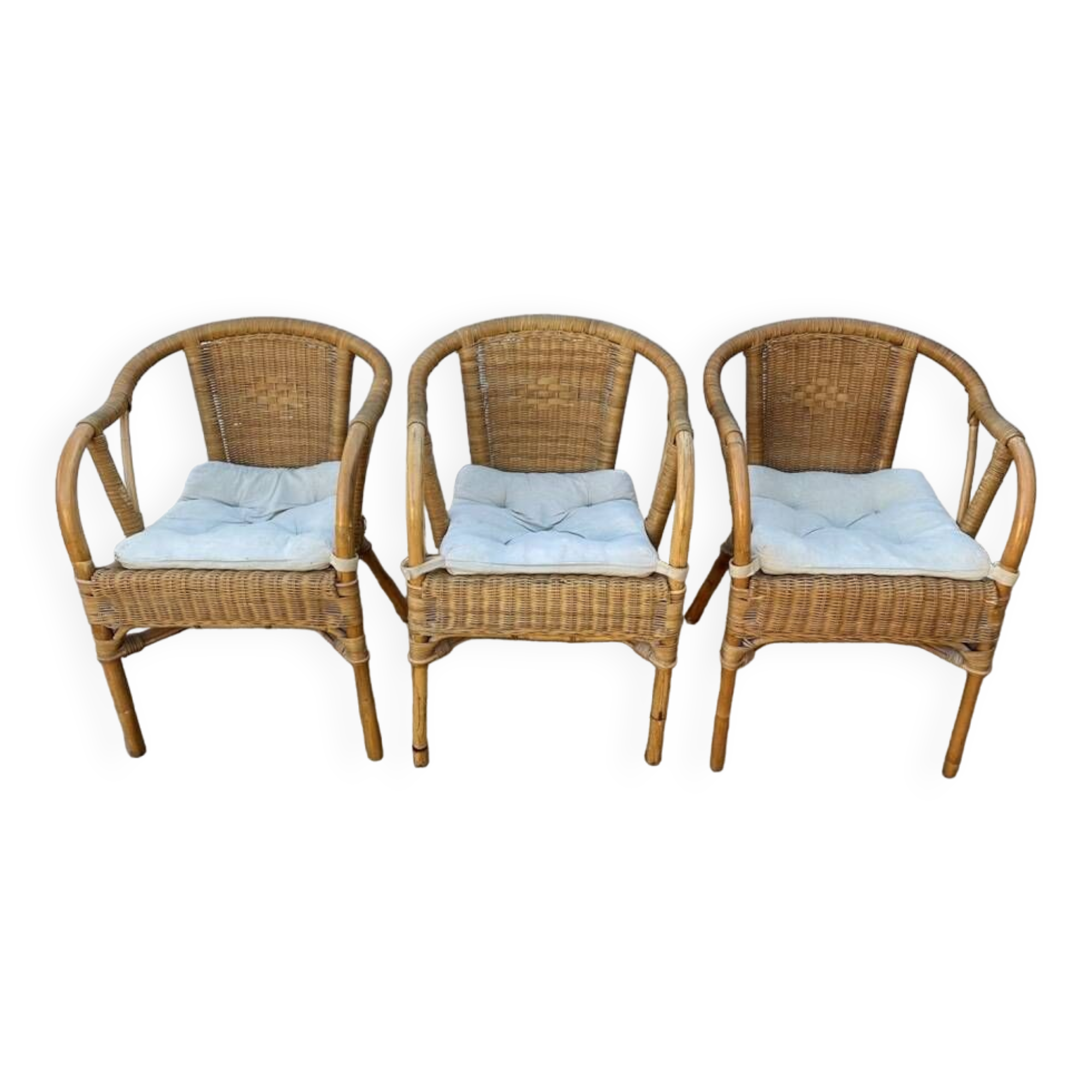 Set of 3 vintage rattan and wicker armchairs