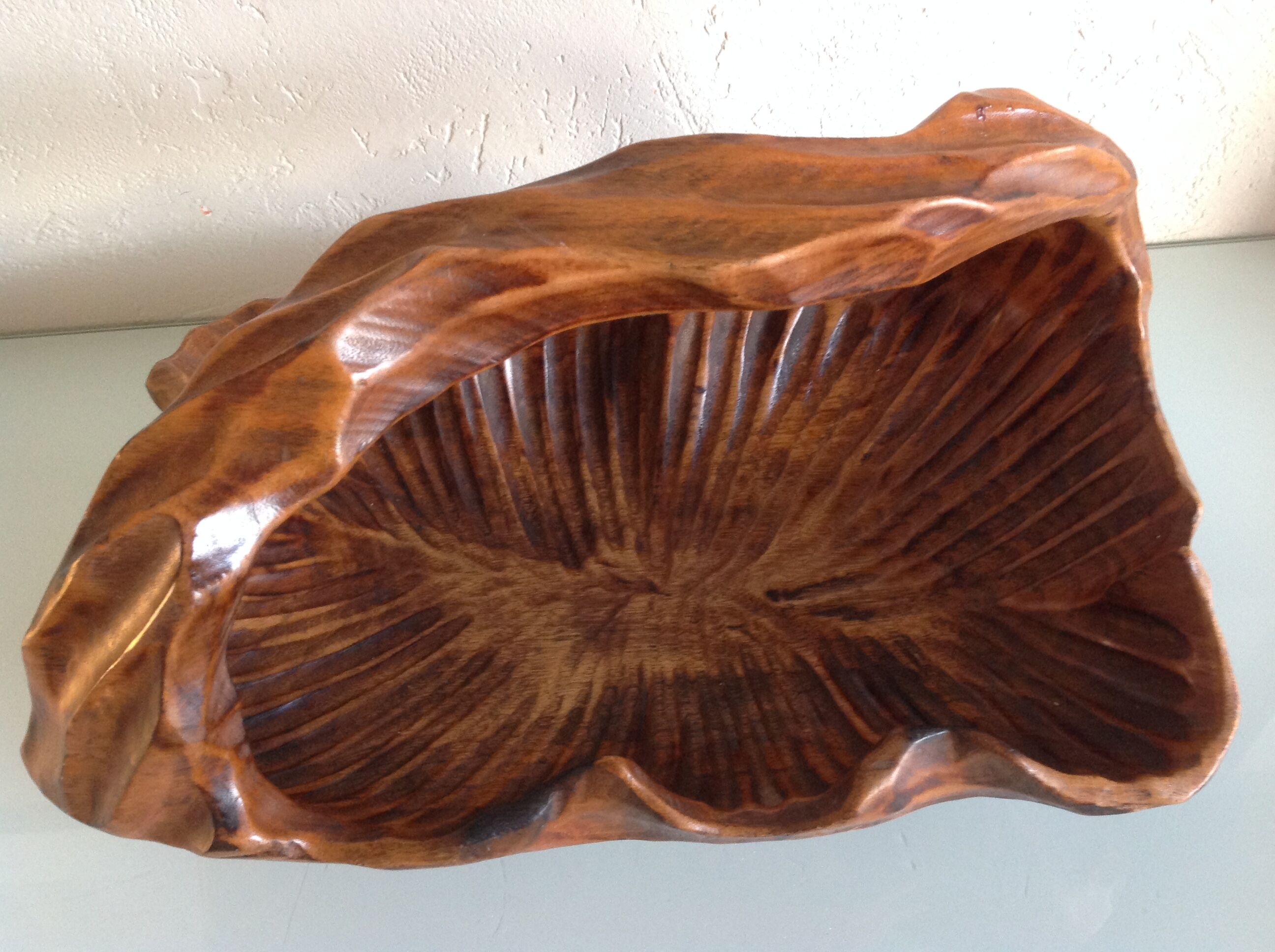 Brutalist carved wood fruit basket / vintage 60s-70s