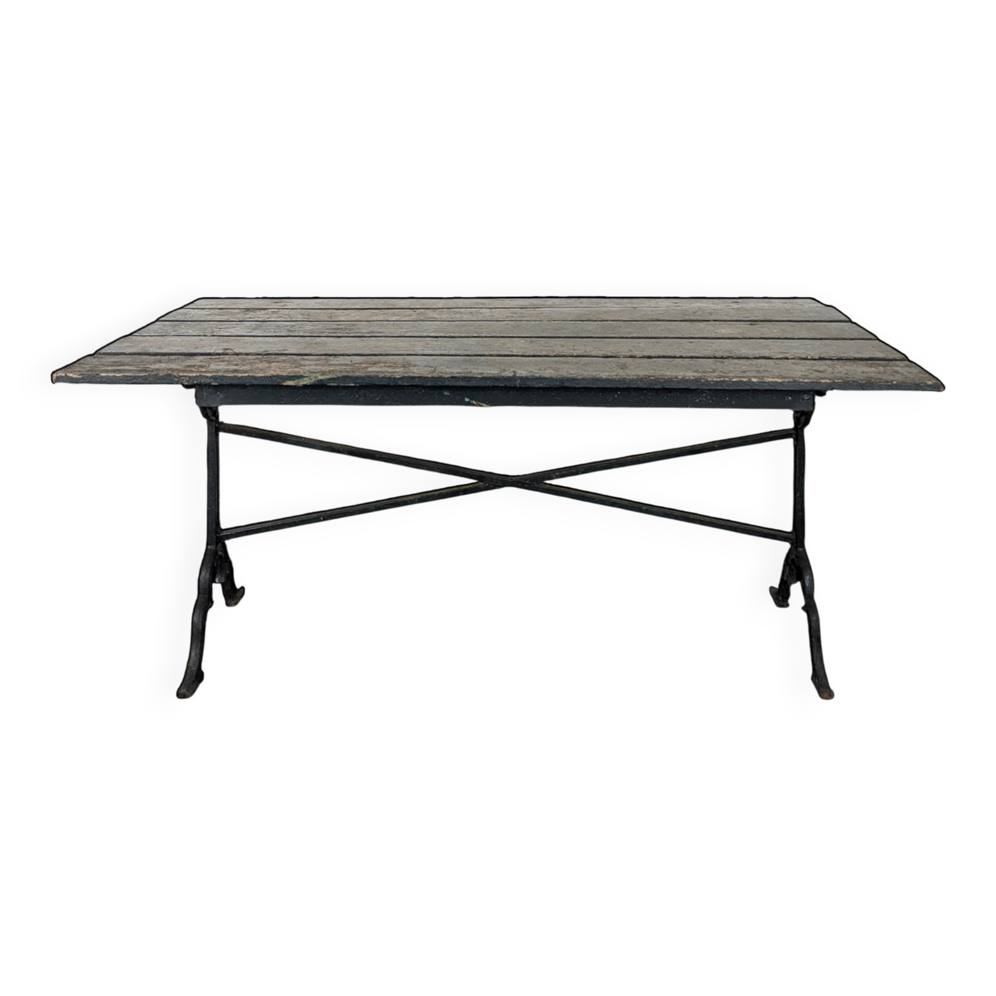 Garden table with a cast iron base and a green painted wooden top.
