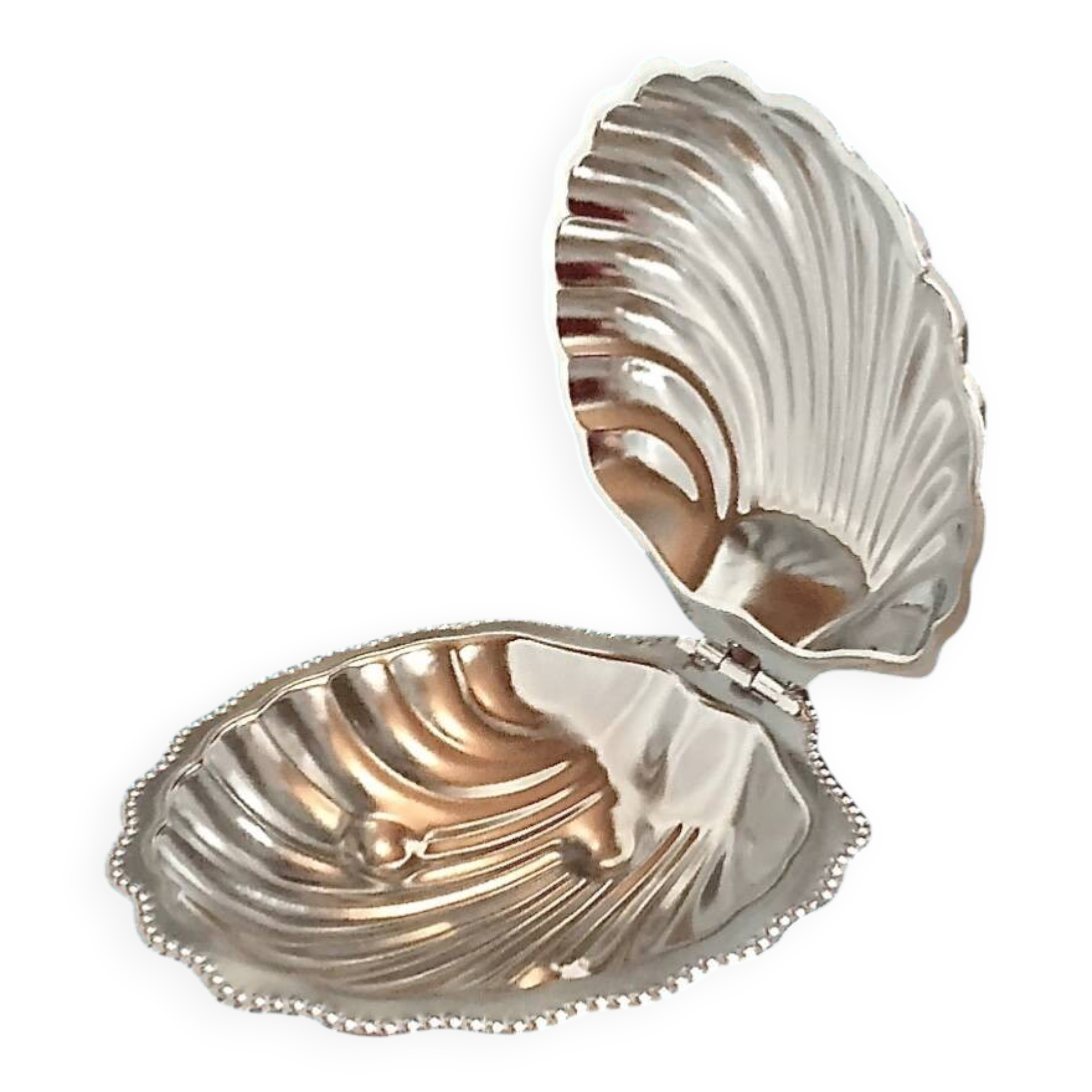 Vintage stainless steel and glass shell butter dish with knife - in its box